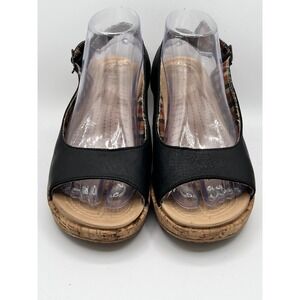 Crocs Leigh Wedge Sandals Women Sz 9 Black Leather Cork Heel Slingback Open Toe